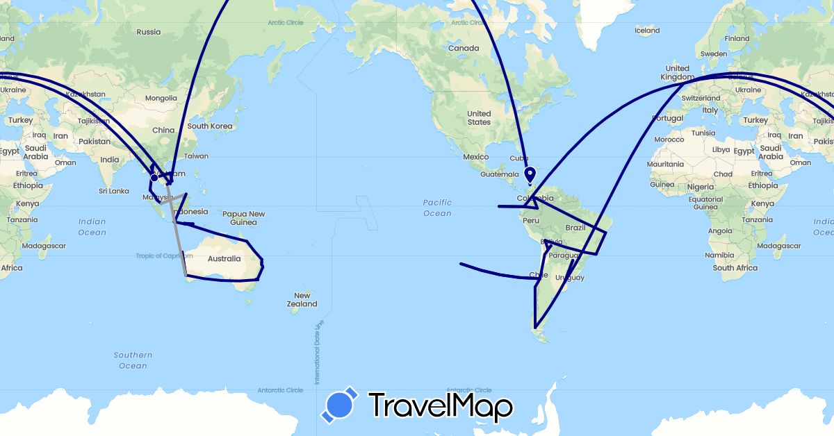 TravelMap itinerary: driving, plane in Argentina, Australia, Bolivia, Brazil, Chile, Colombia, Ecuador, United Kingdom, Indonesia, Malaysia, Singapore, Thailand, Vietnam (Asia, Europe, Oceania, South America)